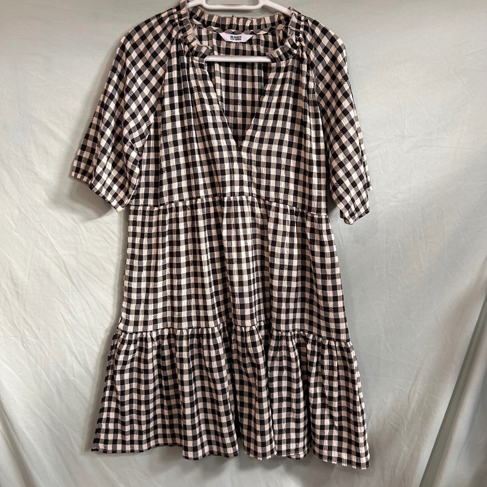 BB Dakota Steve Madden Gingham Tiered Mini Dress Black Cream V-Neck Medium